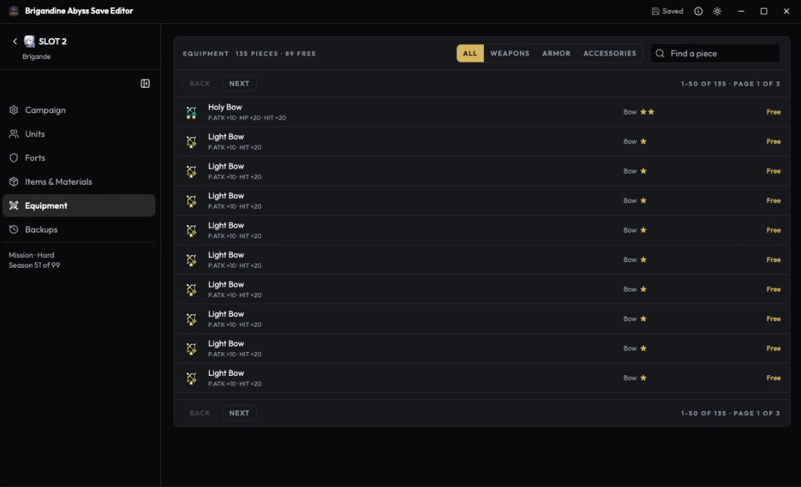 Equipment Screen